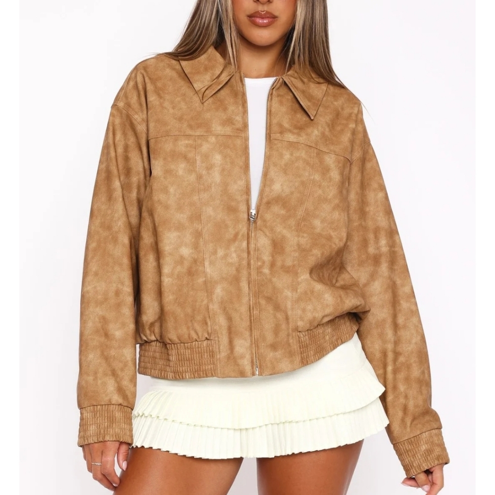 White Fox Boutique Make Things Right PU Bomber Jacket - Tan, size S/M